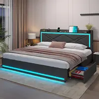 King Size LED Bed Frame with Storage Headboard and Charging Station, Upholstered King Platform Bed Frame Dark Grey 1