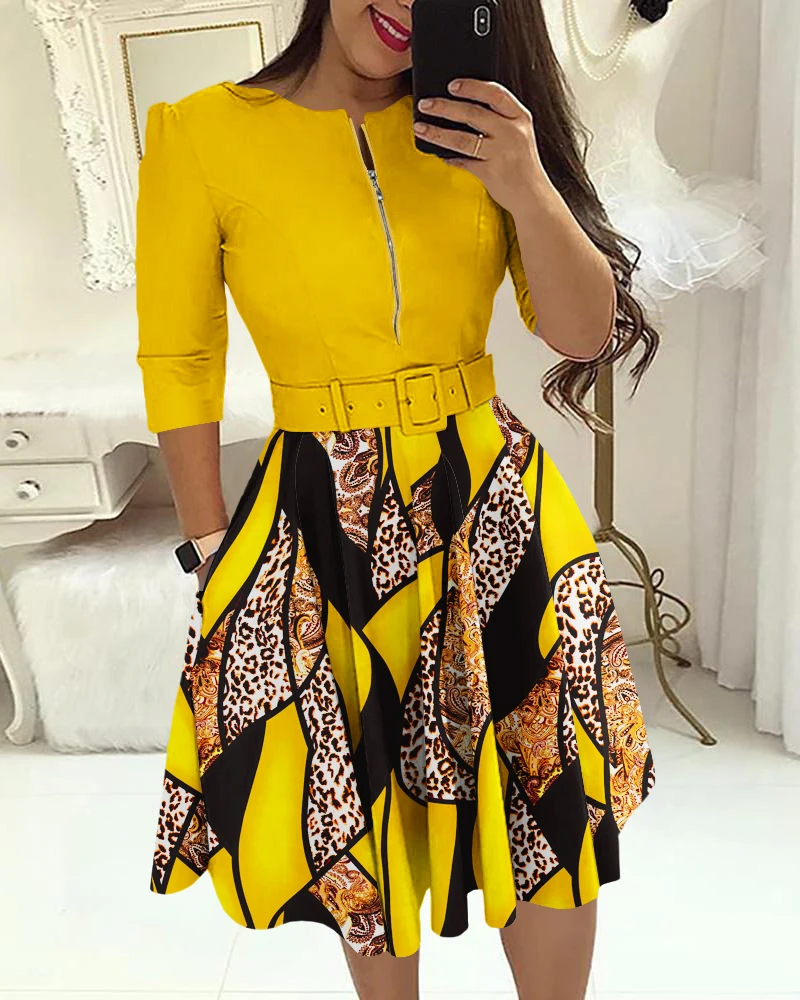 

Elegant Women Fashion Round Neck Casual Mini Dress Baroque Leopard Print Colorblock Zipper Design Casual Dress With Belt
