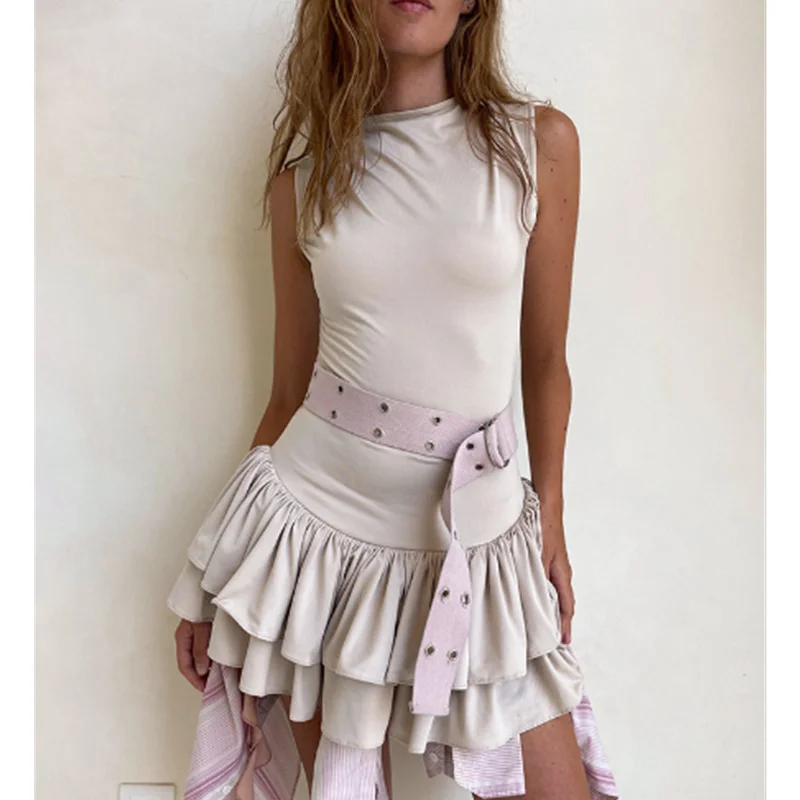 Vestidos elegantes para mujer, sexys, de color liso, cuello redondo, sin mangas, con dobladillo con volantes, vestidos de fiesta para salir, ropa de club.