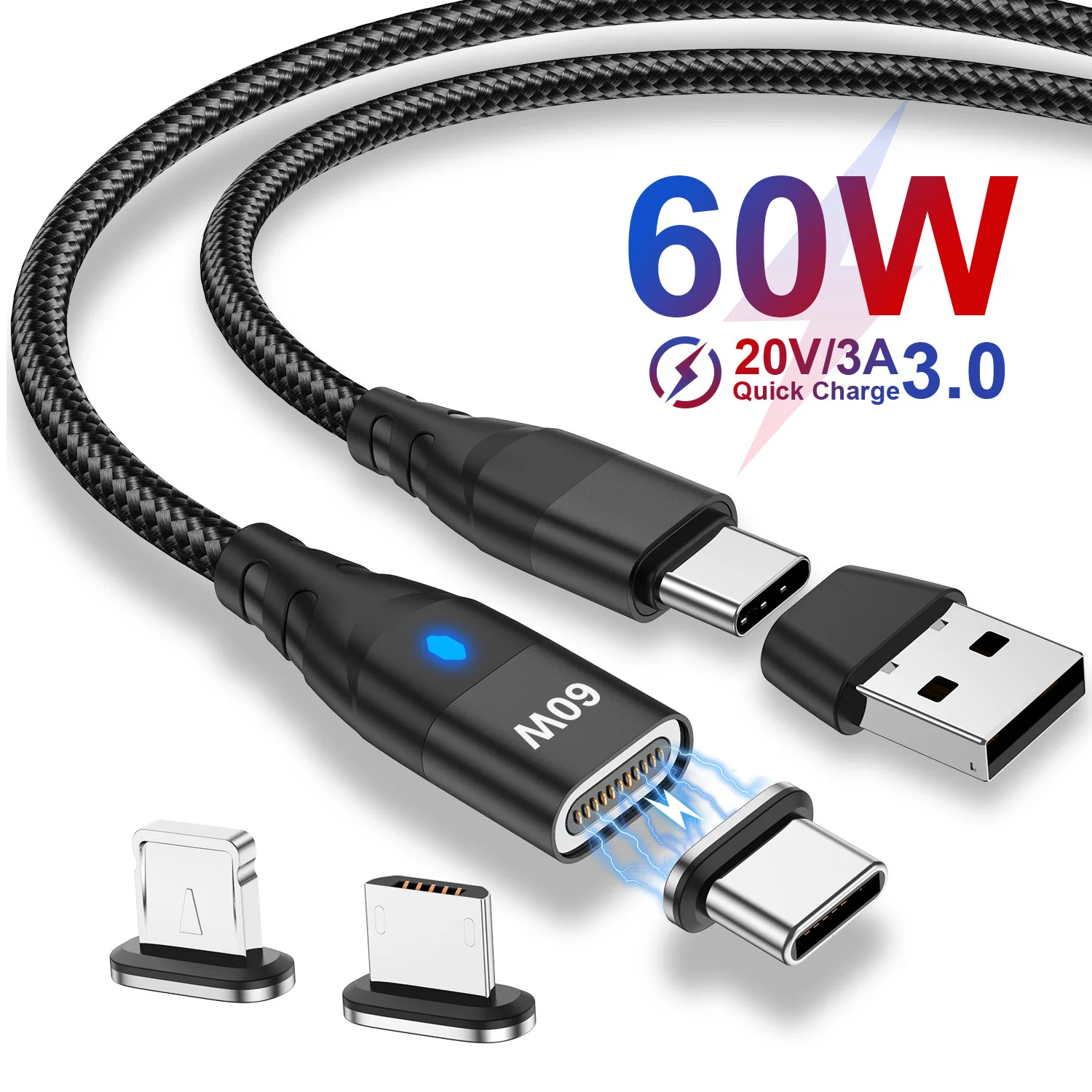 Магнитный кабель, 60 Вт, быстрая зарядка, USB C к TypeC, Micro Магнитный шнур для передачи данных для iPhone, Samsung, Магнитный зарядный провод, адаптер USB A