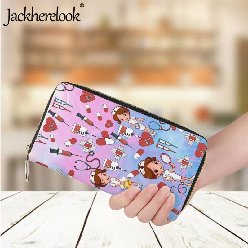 Jackherelook Women's Leather Wallet Gradient Color Nurse Medical Supplies Cartoon Pattern Print Purse Ladies Clutch Card Holder
