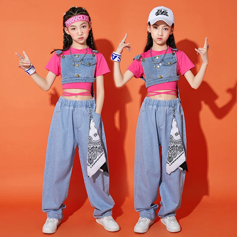 Jazz Costume Girls Hip Hop Clothes Denim Long Sleeve Performance Outfit