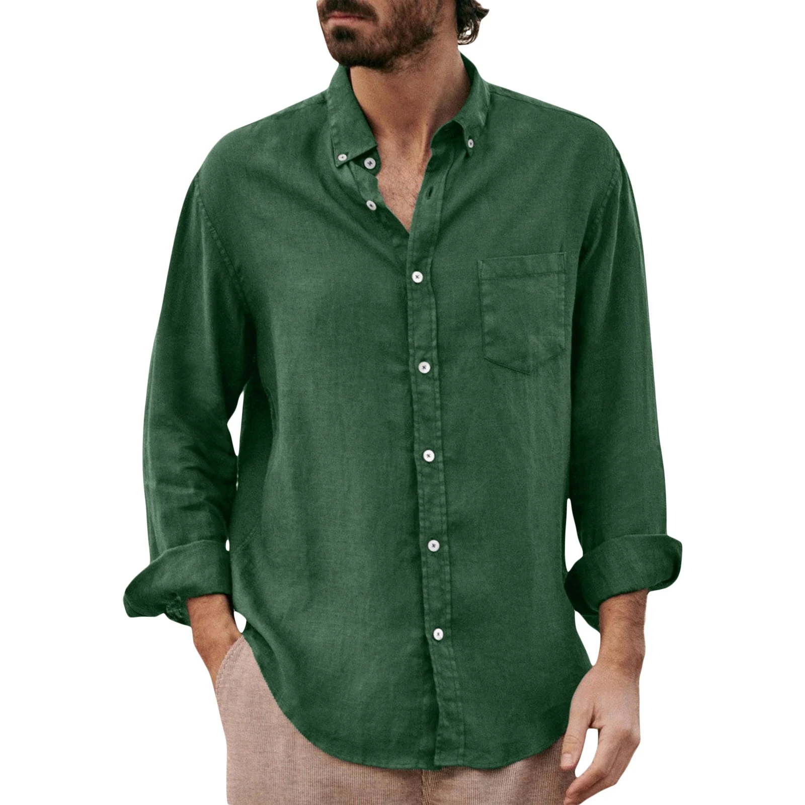Men's Lapel Collar Shirt Solid Color Long Sleeve Button-Down Loose Simple Blouse with Chest Pocket