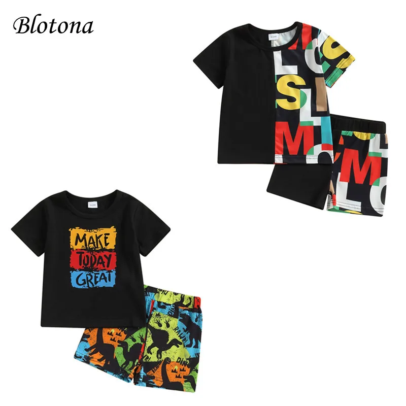 

Blotona Kid Boy Clothes Suit, Short Sleeve Round Neck Letters / Dinosaur Print Loose T-shirt Tops + Short Pants Outfit 18M-6Y