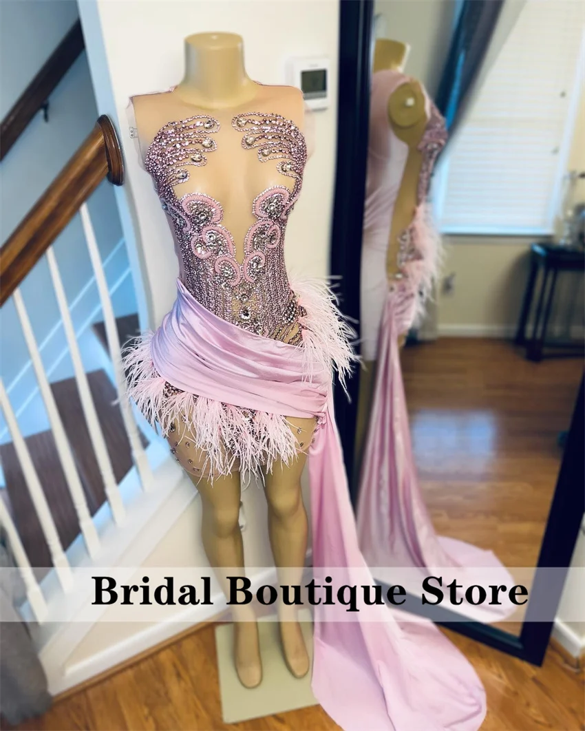 

Luxury Pink Cocktail Dresses For Black Girl Glitter Crystal Diamonds Side Train Prom Party Gowns Vestido Graduación Homecoming