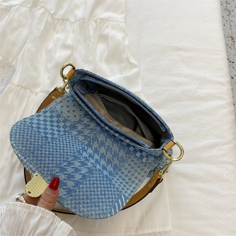 Luxury Designer Jeans Bag Vintage Houndstooth Pattern Women \'s Shoulder Bag Flap Zipper Denim Handbag Underarm Bag Shopper Tote