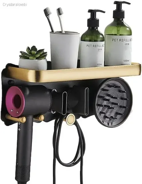 Bathroom Hairdryer Holder Black Gold Storage Rack Wall Mounted Dryer and Hair Curler Racks For Dyson Supersonic Hair Dryer Shelf 2