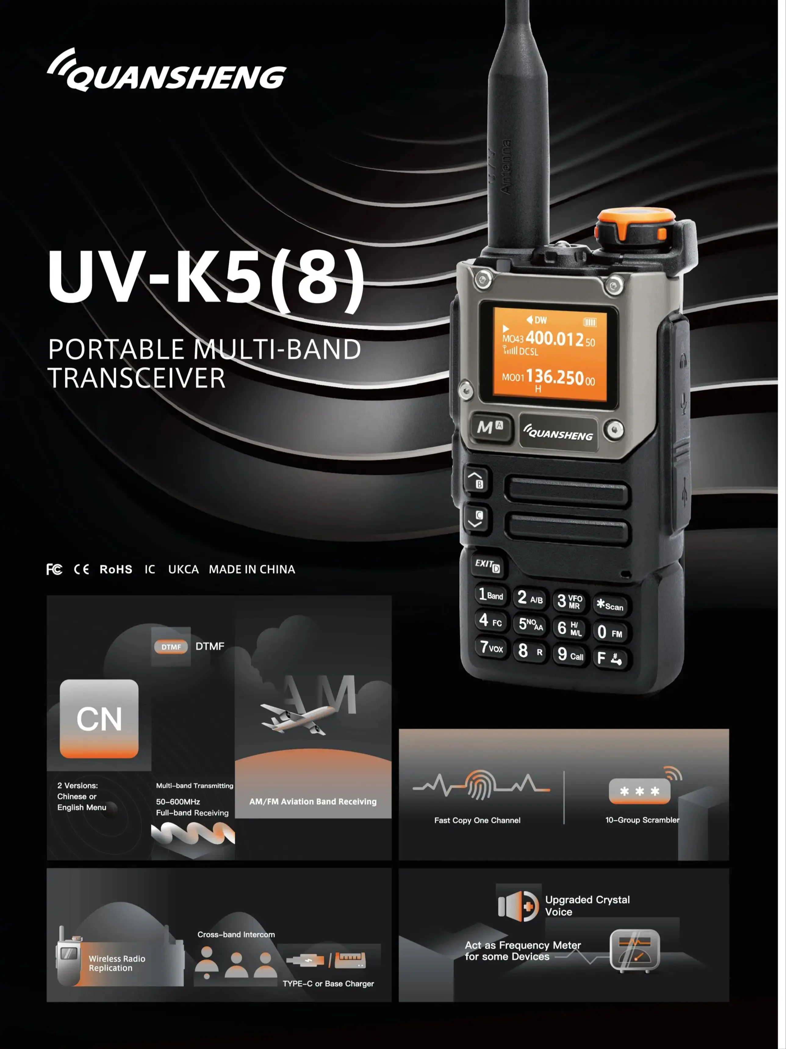 Quansheng-UV K5 (8) Portable Walkie Talkie, Two Way Radio, Commutator Station, Amateur Ham, Wireless Set, Long Range Receiver 5