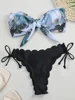 Bow Knotted Marble Print Bikinis Scalloped Bandeau Bikini Women Swimwear Female Swimsuit Two-pieces Bikini Set Bathing Suit Swim