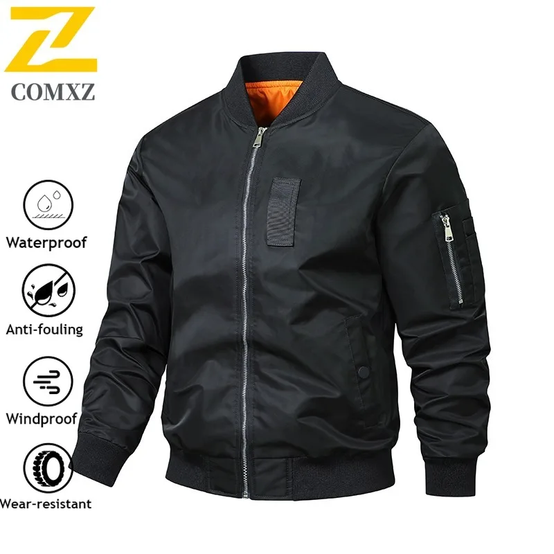 Mens Vintage MA-1 Bomber Jacket Spring Autumn Stand Collar Waterproof Windproof Loose Fit Baseball Coat Military Style Outerwear