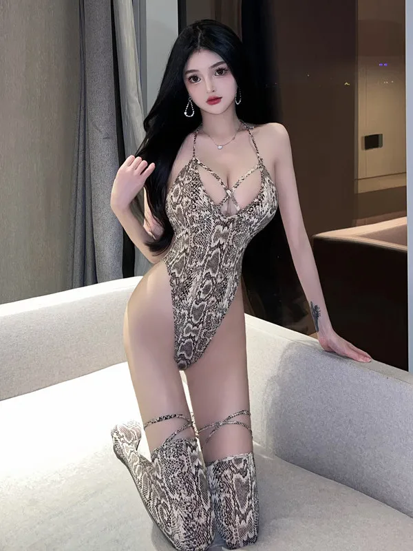 

Snake Skin Serpentine Senior Sexy Temptation Women Tight Fit V-Low Cut Bodysuit Socks Temptation Charming Stimulate New VMPN