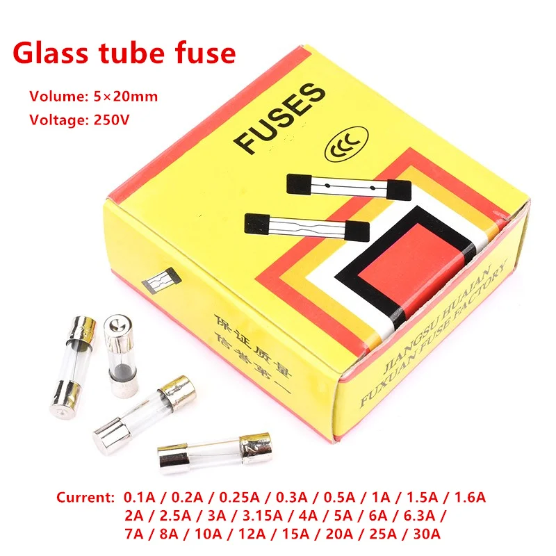 Fusible en verre à fusion rapide, 5x20mm, 250 V, 0,1 A, 0,5 A, 1A, 3A, 3,15 A, 4A, 5A, Snap6.3 A, 7A, 8A, 10A, 12A, 15A, 20A, 25A, 30A, 100 pièces