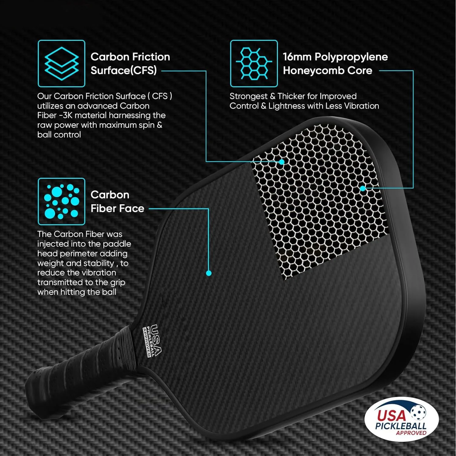 Graphite Pickleball Paddle Textured carbon fiber Surface Honeycomb core For Spin USAPA Black Racket For Match and Training