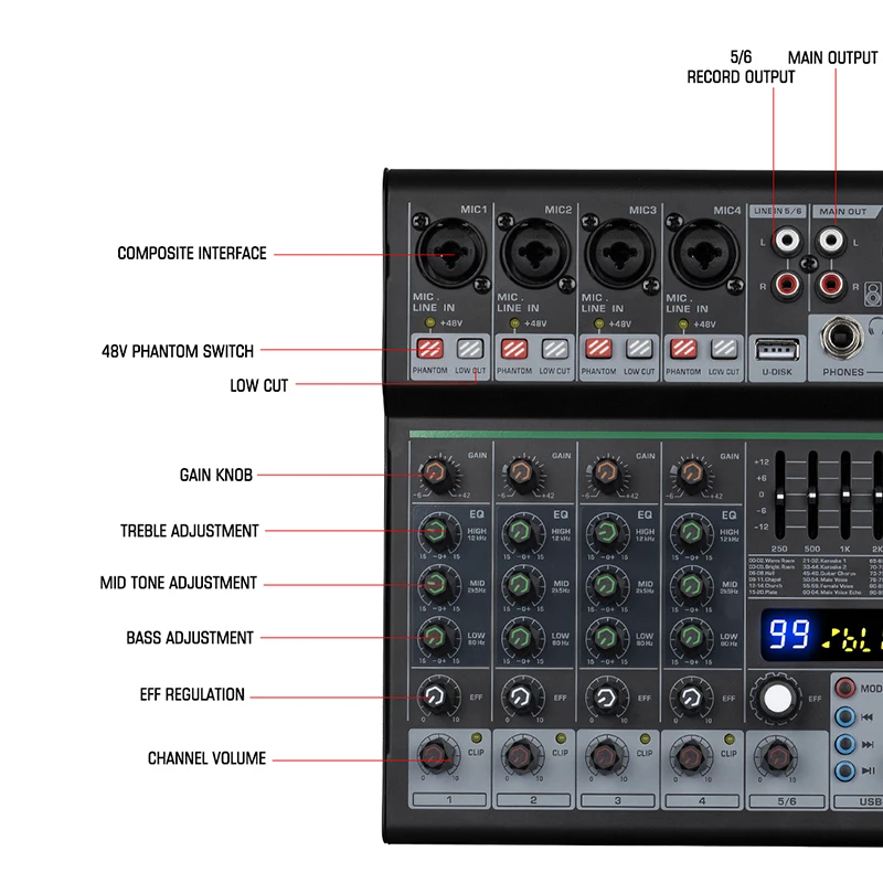 Hot Sale Professional 6 Channels 99dsp Dj Controller/audio Console Amplifier 6 Channel Mixer Sound System