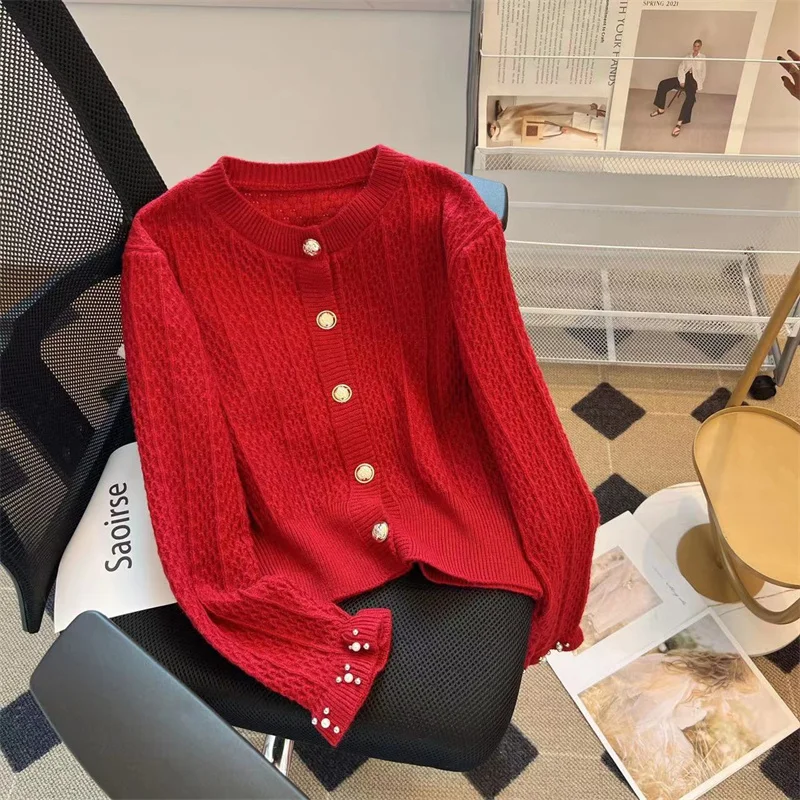 

Autumn Winter Vintage Beading Cardigans Women O-Neck Knitting Long Sleeve Sweet Solid Single Breasted Loose Sweater Coat T514