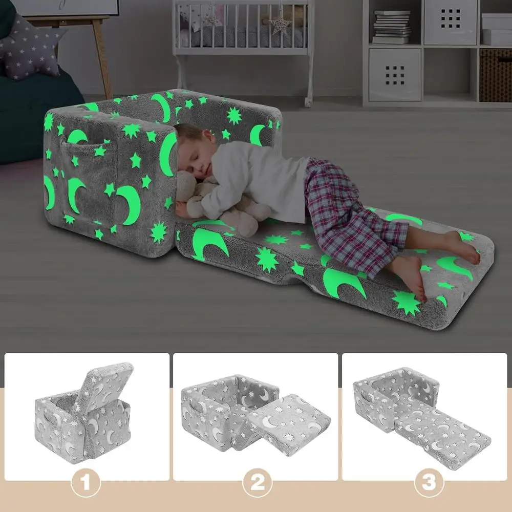 Toddler Couch 2 in 1 Folding Kids Sofa Glow in The Dark Comfy Sleeper Chair Plush Toddler Chair Indoor Kids Furniture 3
