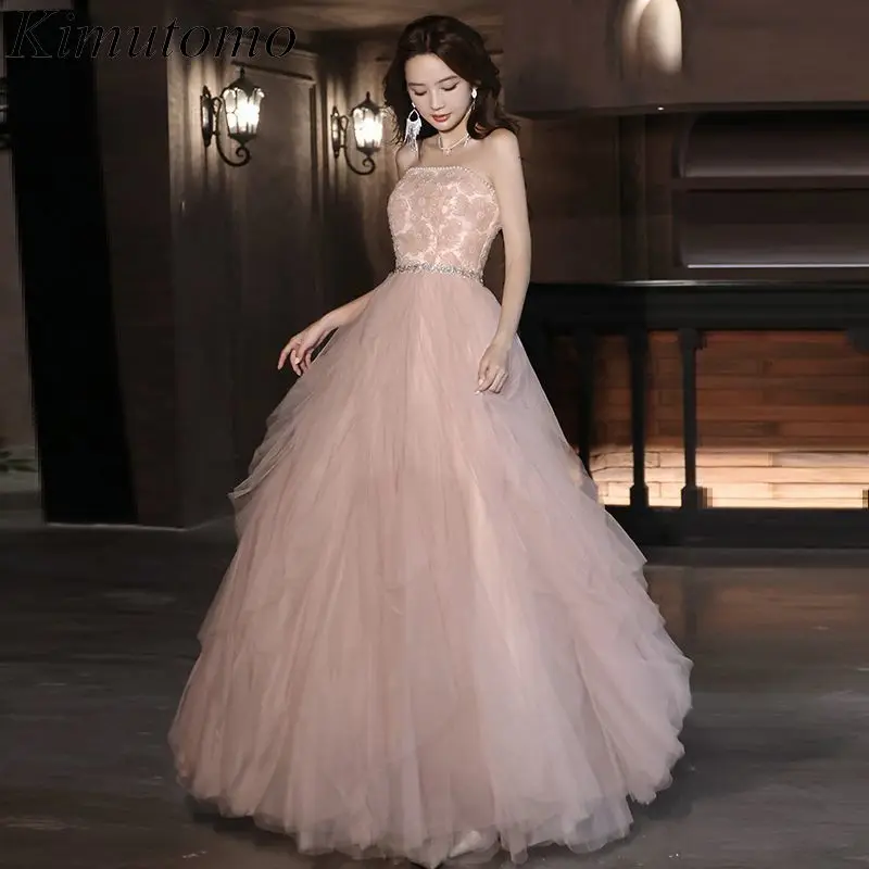 

Kimutomo Beaded Strapless Floral Pink Prom Dresses High Waist Multi Mesh Ruffles Maxi Dress Korean Sweet Kawaii Evening Gown