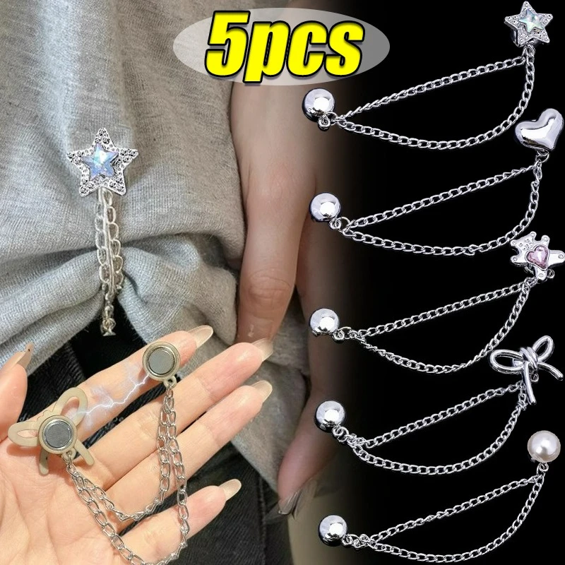 5pcs Multi-Function Magnetic Clothing Clips with Chain Metal Tassel Buttons Clip Roll Up Pants Alloy Change Shorts Trouser Legs