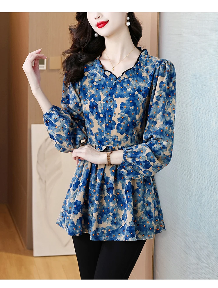 Loose Clothes Women 2024 Autumn Elegant Office Lady Button Basic Shirts Casual Retro Vintage Ruffles Tunic Peplum Tops Blouses