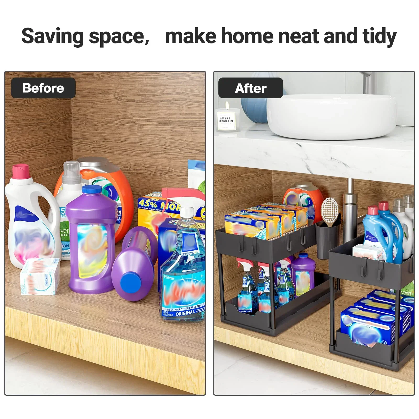 2 Tier Sliding Drawer Under Sink Storage Organizer Shelf Multipurpose Holder Rack For Kitchen Cabinet Bathroom Home Accessories 3