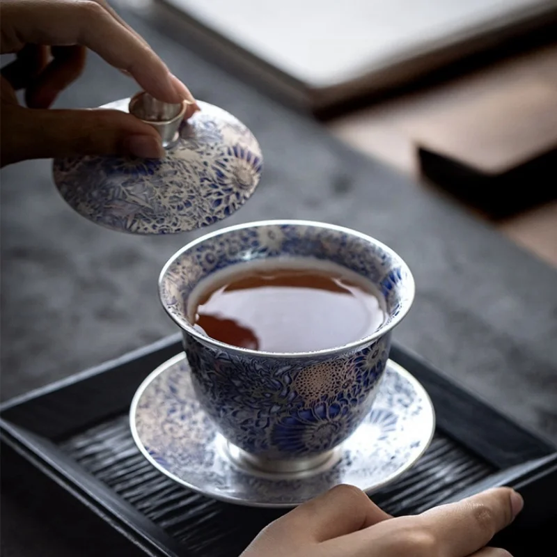 160ML Ceramics Gilded Silver Sunflower Gaiwan Handmade Household Kung Fu Tea Set Tea Bowl Cup Tureen Pot Gift Box