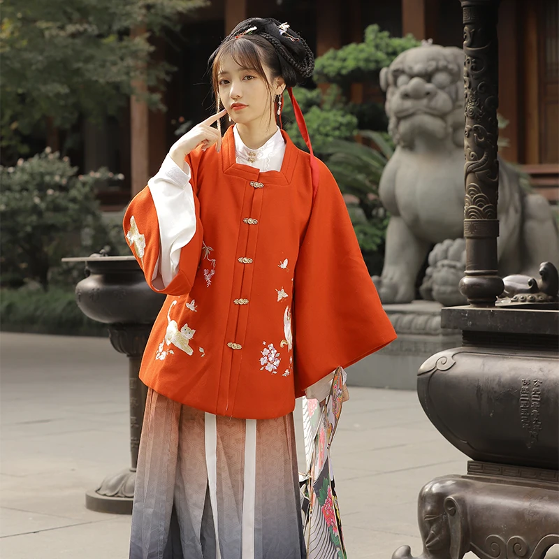 

3pc/1set Hanfu Women Square Collar Coat Cute Cat Embroidery Chinese Style Daily Suit Ming Dynasty Autumn Pleated Skirt