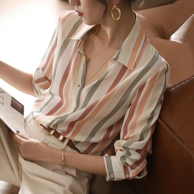 2023 Spring New Long Sleeve Striped Printed Loose Temperament Women's Clothing Fashion Casual Korean Version Simplicity Shirt