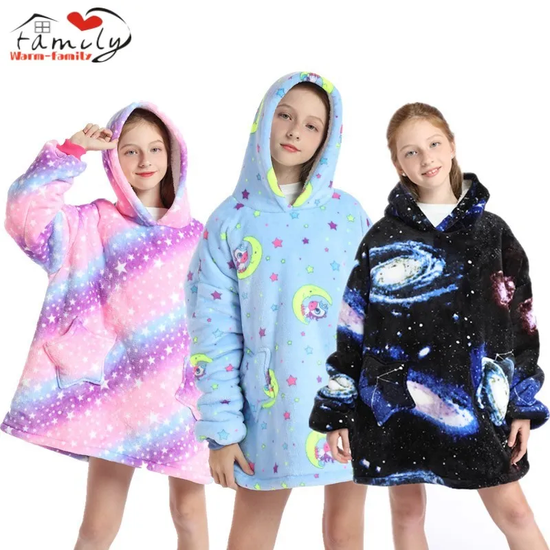 

Oversized Wearable Blanket Hoodie for Kids Fluffy Warm Flannel Hooded Sweatshirt with Pockets for Children Teen(Colorful Purple)