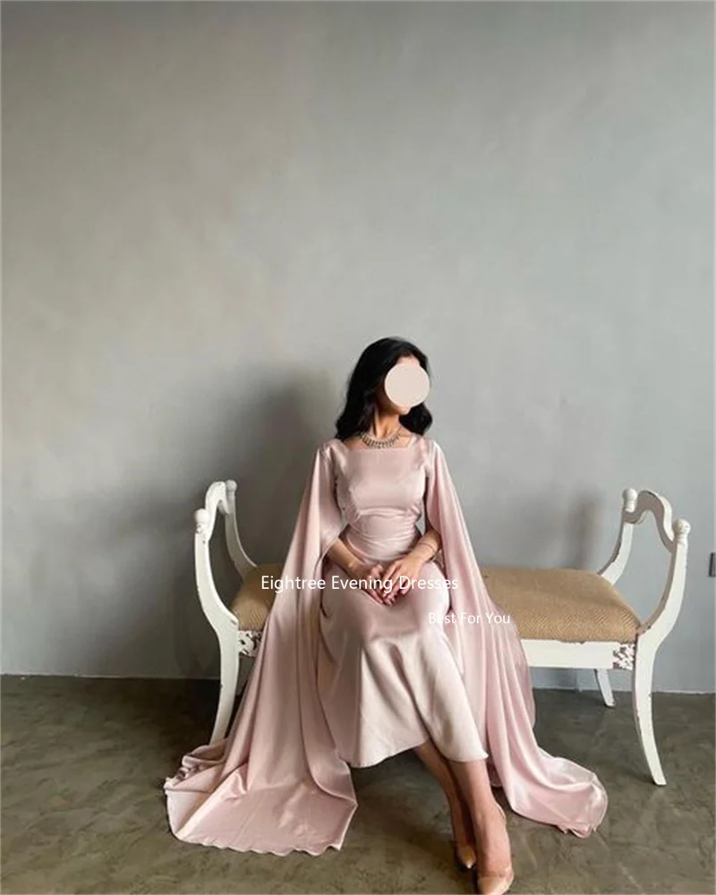 Eightree Pink Modern Evening Dresses Long A Line Tea Length Abendkleider Dubai Ruffles Elegant Party Dresses for Women 2024