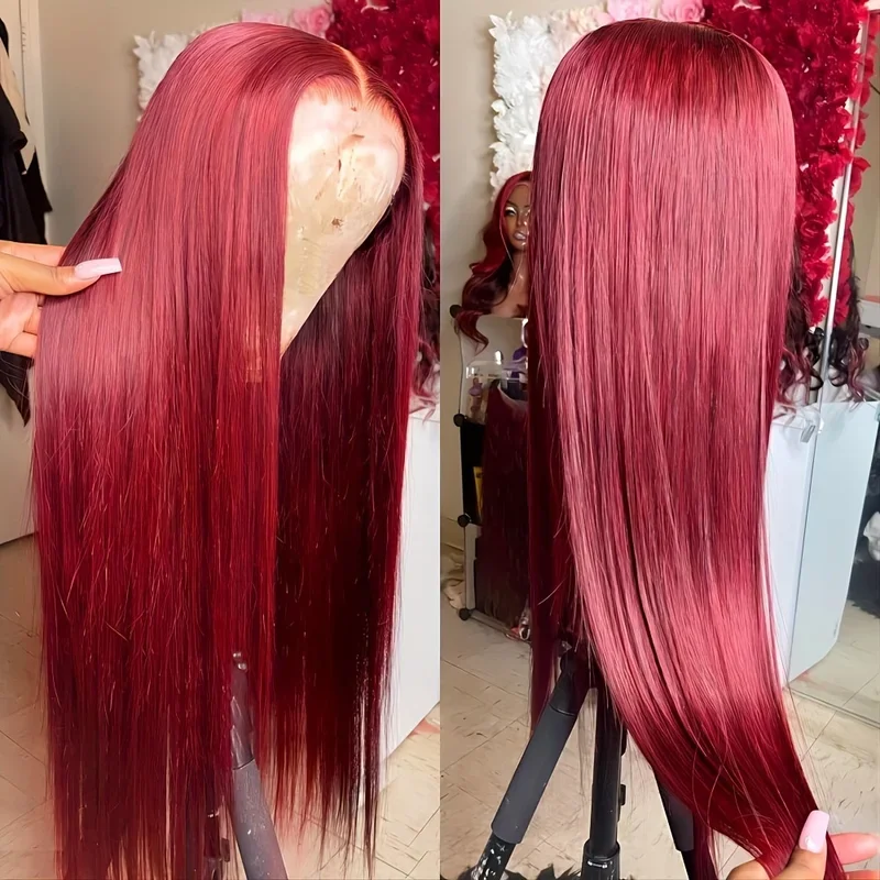 99J Burgundy HD Transparent Lace Frontal Human Hair Wigs Brazilian Colored 30 40 Inch Straight Red 13x4 13x4 Lace Front Wigs