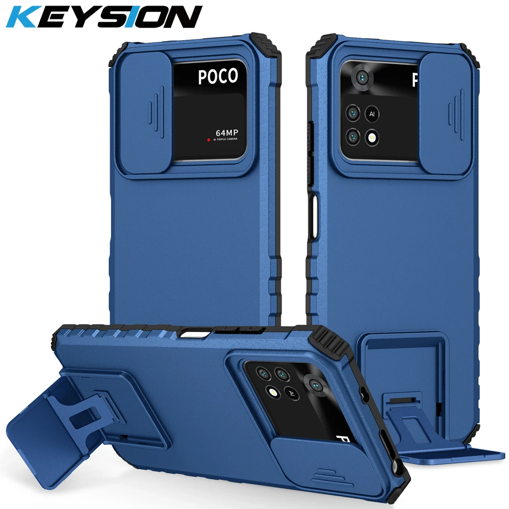 KEYSION עמיד הלם מקרה עבור Xiaomi POCO X4 פרו 5G M3 M4 פרו למשוך לדחוף מצלמה הגנה לחיות Stand טלפון כיסוי עבור POCO X3 NFC