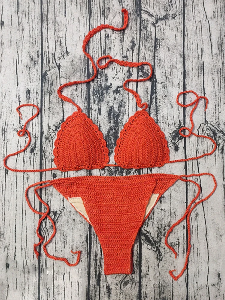 Absobe Knitted Hollow Handmade Crochet Bikini Set Women Swimwear Sexy Halter Swimsuit Hottie Outfit Summer Holiday Beachwear