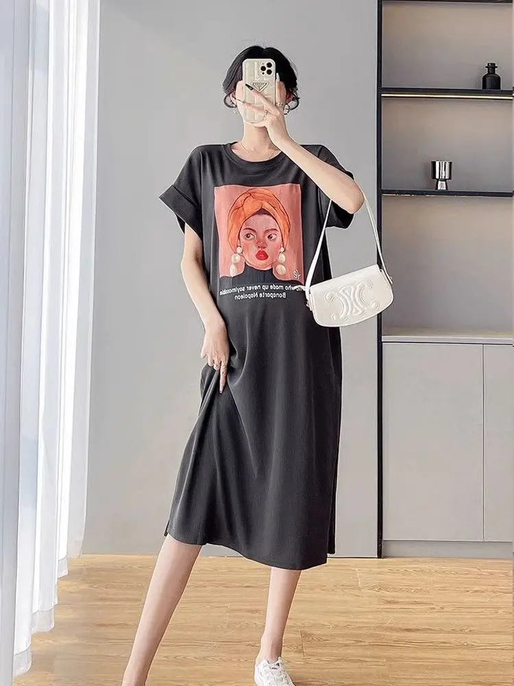 M58272# T + Dress Maternity Clothes T Short Sleeve Loose Dress Women Stylish Suits Flower Printing 2Pcs Maternity Set