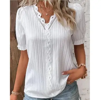 Women's Summer New Top Solid Sexy V-Neck Hollow Short Sleeve Shirt Fashion Splice Plus Size Blouse Loose Street Apparel 1