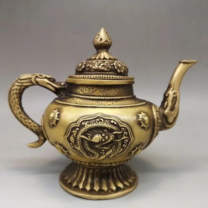

7" Chinese antique brass dragon statue Hand holding Teapot Tea Set