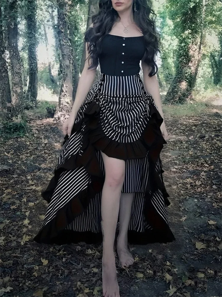 Gothic High Low Irregular Black Midi Long Skirt Bow Back White Striped Ruffles Adjustbale Steampunk Vintage Victorian Skirts Emo