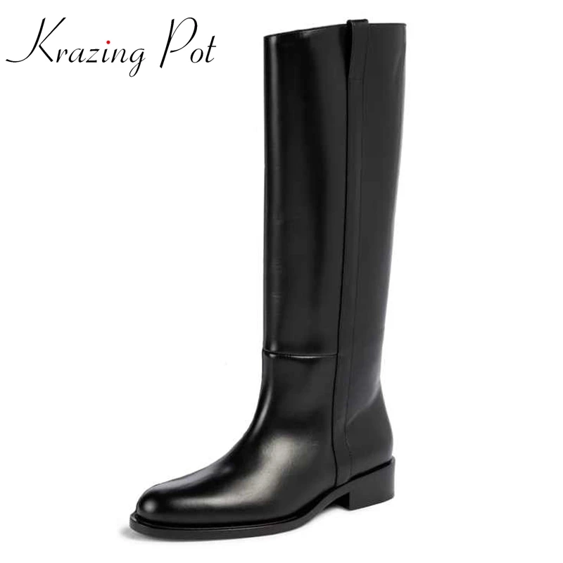 

Krazing Pot Big Size Cow Leather Round Toe Med Heel Equestrian Boots Young Lady Daily Wear Classic Black Thigh High Boots L30
