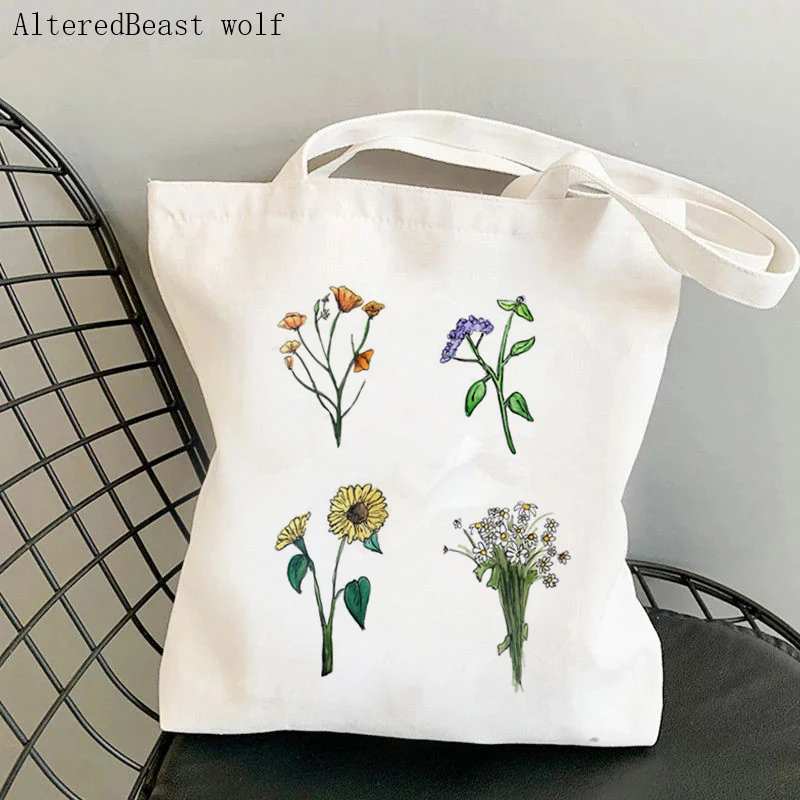 Women Shopper bag wild flower bouquet and blue Wildflowers Bag Harajuku Canvas Shopper Bag girl handbag Tote Shoulder Lady Bag
