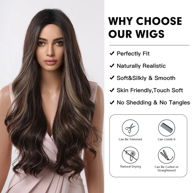 Brown with Blonde Highlight Synthetic Hair Wigs Long Wavy Wig Middle Part for Women Daily Use Party Cosplay Wig Heat Resistant 2