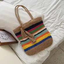 

Bohemian Rainbow Colorful Straw Bag Tote Women Shoulder Bag Summer Candy Color Beach Bags Shopper Purse 2022 Boho Rattan Bags