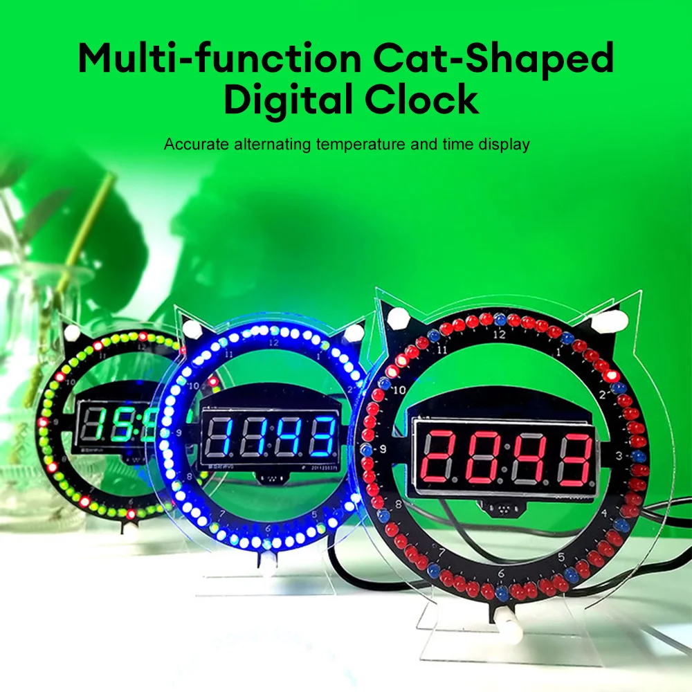 LED fun alarm clock DIY electronic welding kit multifunctional kitten clock creative light control temperature assembly welding