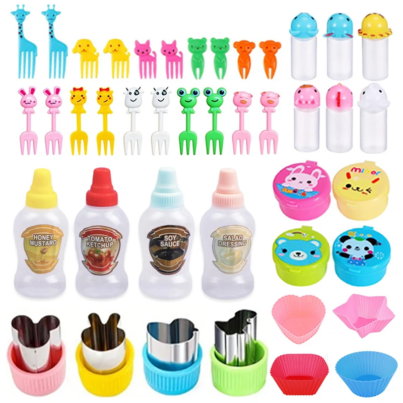 Fruit Fork Silicone Fork Sauce Bottle Accessories 42pcs/set Children's Bento Sauce Bottle Mini Cartoon Seasoning Squeeze Bottle Children Snack Cake