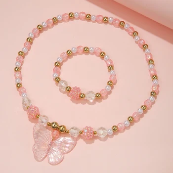 2Pcs/set Pink Butterfly Charm Necklace Bracelet Princess Girl Jewelry Set for Daughter Niece Best Party Birthday Gifts 1