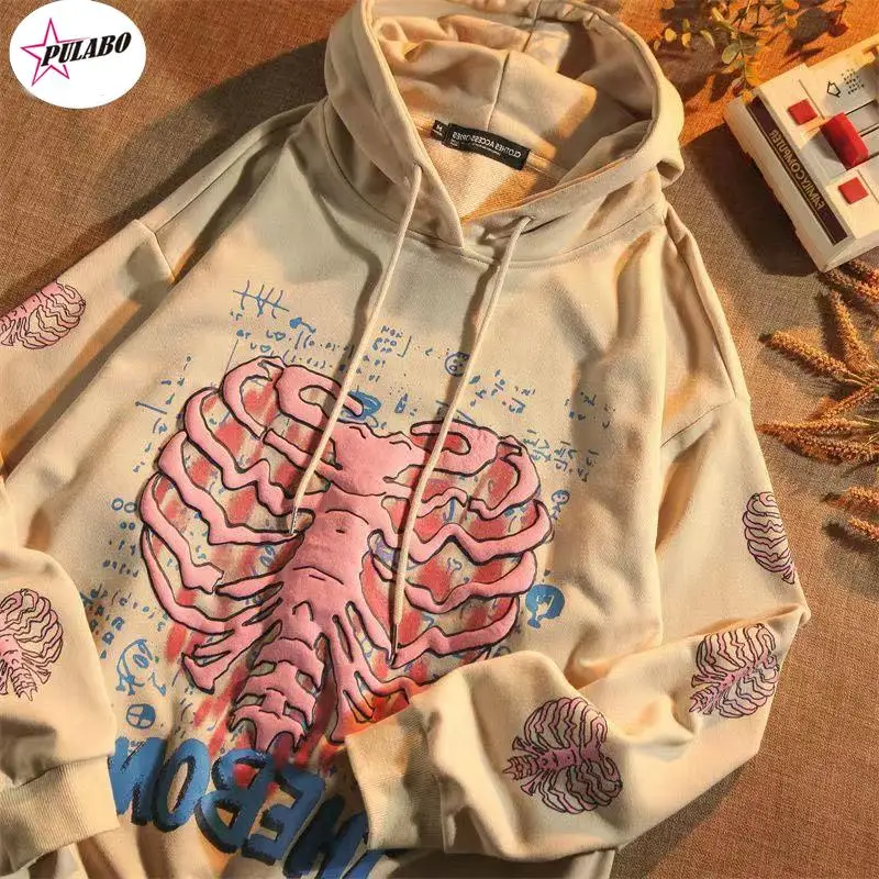 

Oversized Goth Hoodie Streetwear Womens Spring Khaki Y2K Tops Skull print hip-hop Female Sweatshirts Kawaii Hoodies