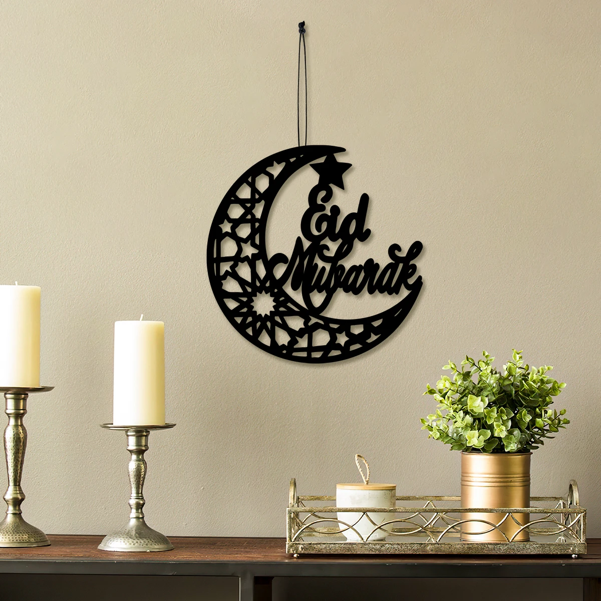 1PC, creative black natural wood color wooden retro pattern moon-decorated pendant, Eid Mubarak festival home decoration pendant