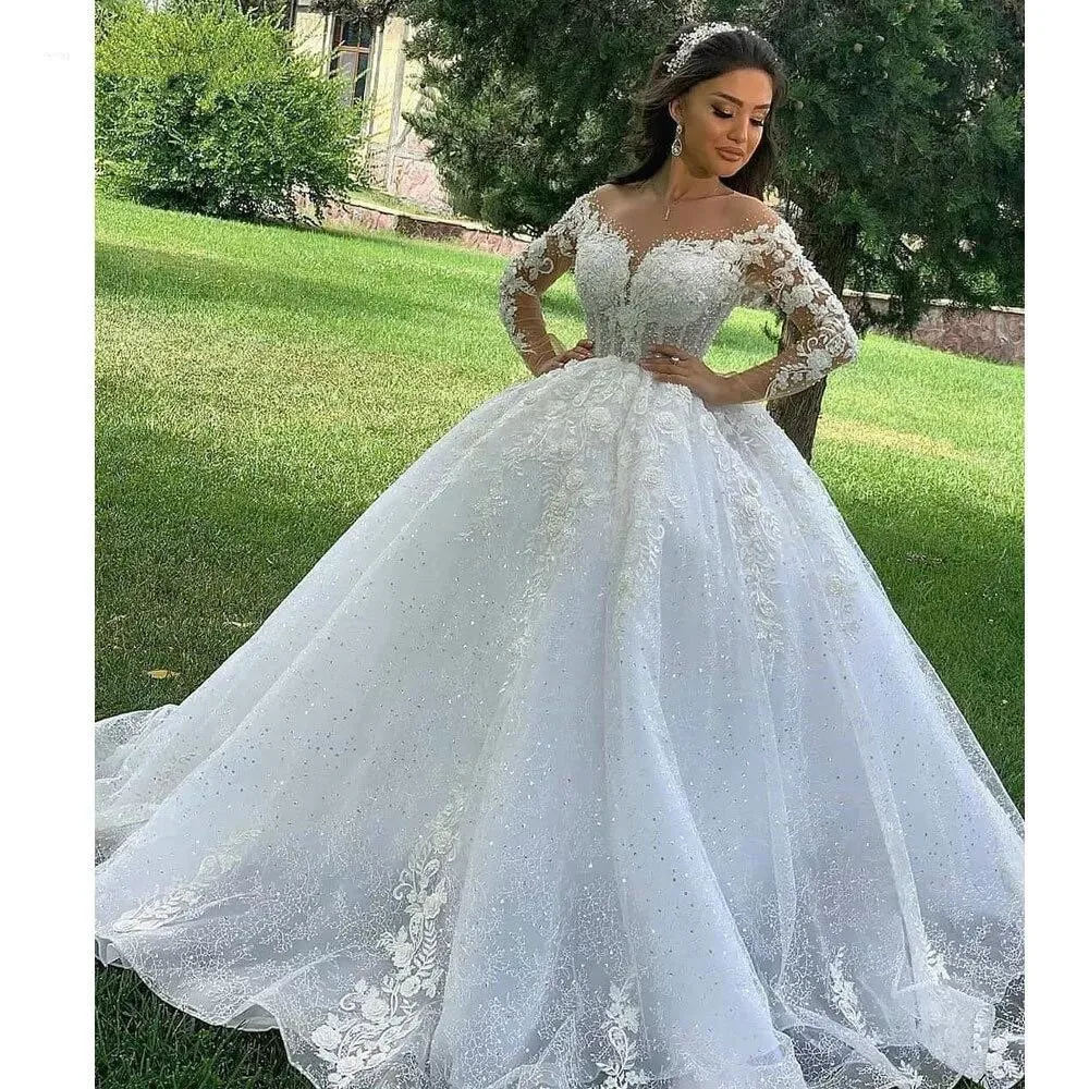 

2022 Ball Gown Wedding Dresses O Neck Long Sleeves Vestido Casamento Lace Up Appliqus Beaded Bride Gowns Suknie Slubne Princess