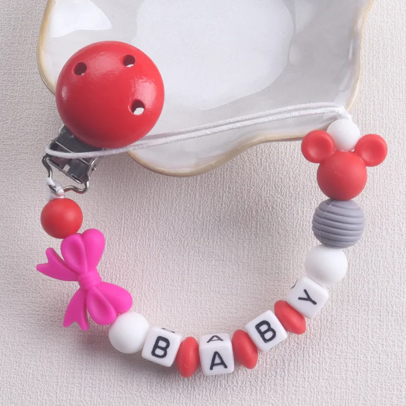 Personalised Name Cute Mouse with Bow Pacifier Chain Alphabet Beaded Baby Soother Holder