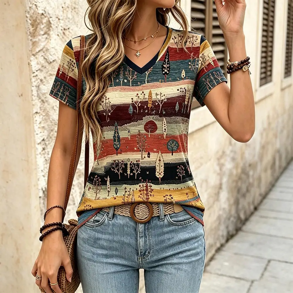 Damen-T-Shirt mit Bohemian-Print, Retro-Ethno-Muster, V-Ausschnitt, Kurzarm-Oberteil, bequem, atmungsaktiv, für den Sommerurlaub, lässiges T-Shirt