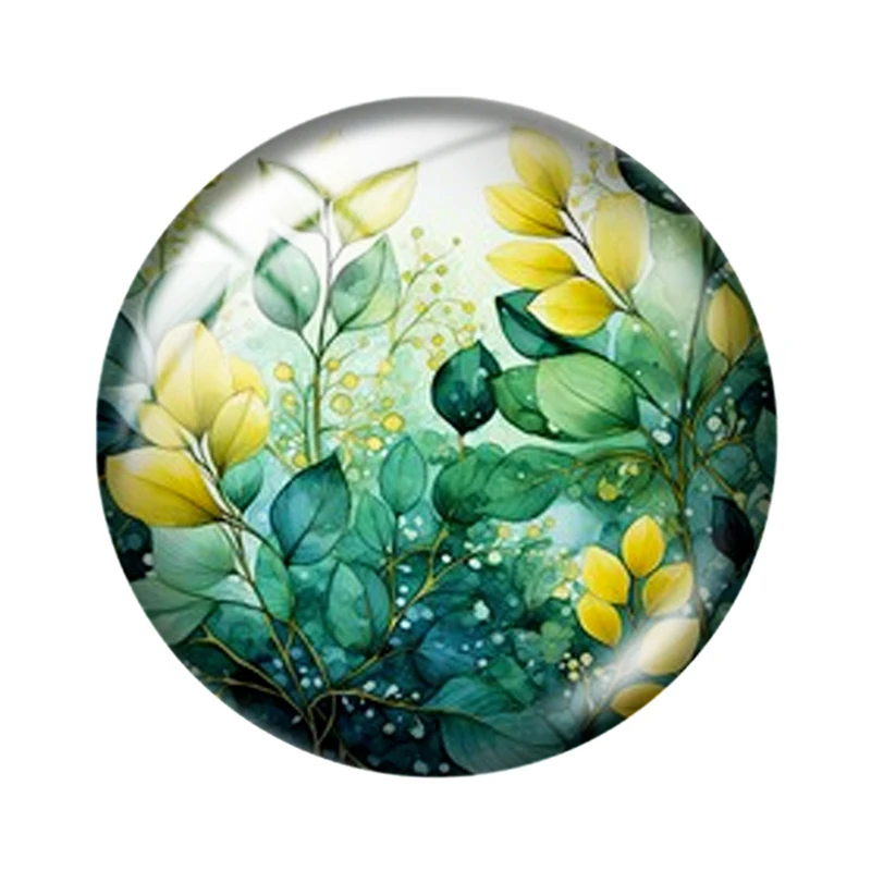 10pcs Watercolor Green Plants Round Glass Cabochons – Assorted Sizes