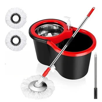 360° Spin Mop Bucket with Soap Dispenser and 2 Microfiber Heads, Stainless Steel Handle Floor Cleaning System for Home Use 1